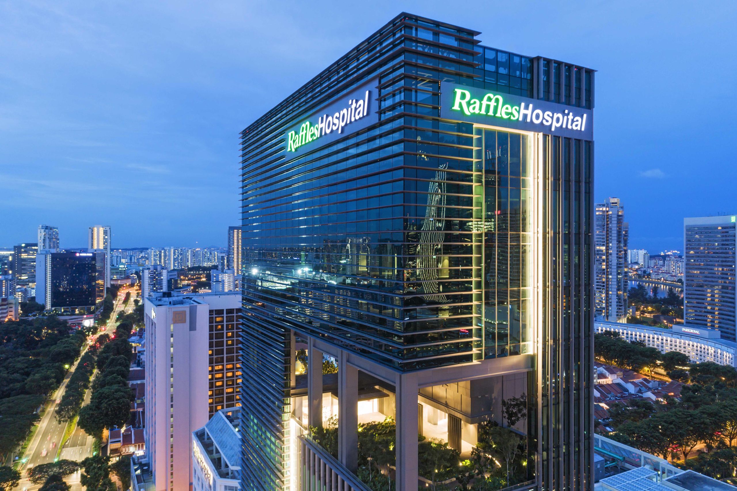 Raffles Hospital Blue Hour LR scaled 1